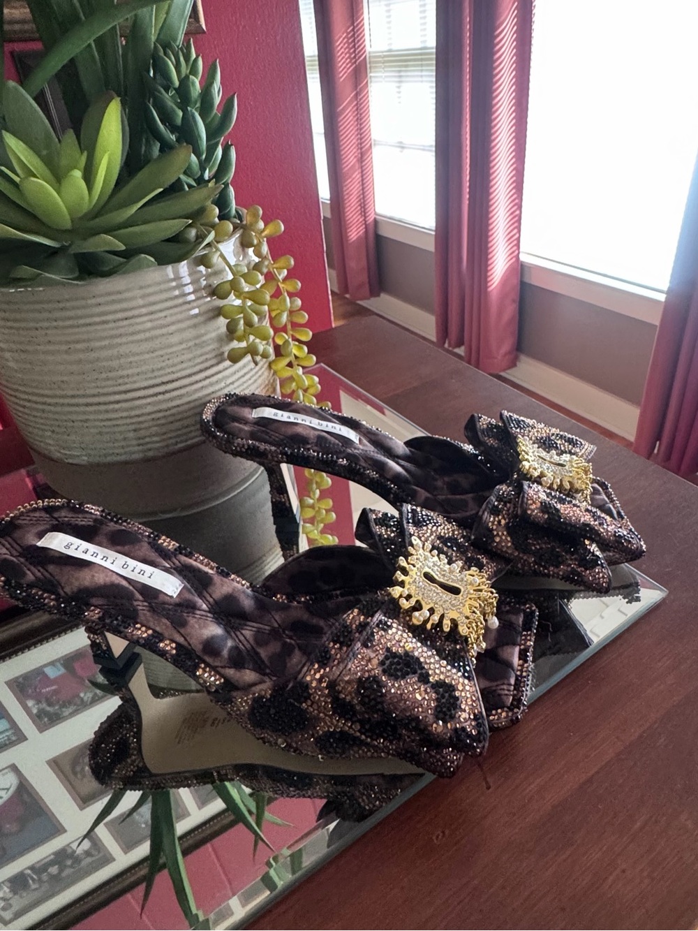 Gianni Bini Leopard Print Crystal-Embellished Slingback Heels in Black and Gold - Picture 5 of 6